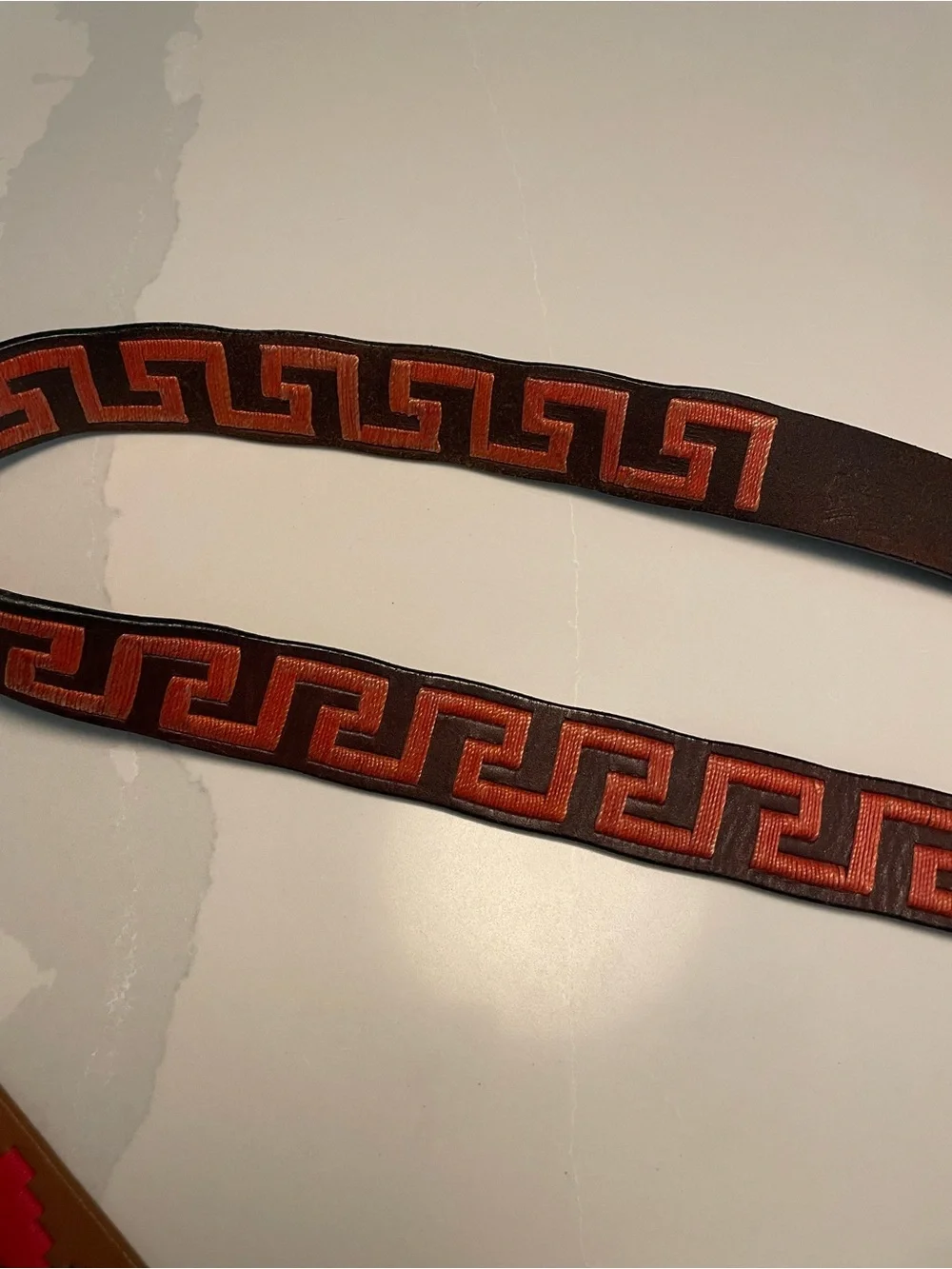 Tato’s  Men's Brown Leather Polo  Belt with Orange Geometric Embroidery 38